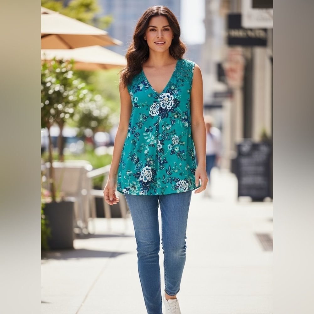 NWT Daniel Rainn Plus Size Green Floral Crochet Accent Tank Top Blouse Size 1XL